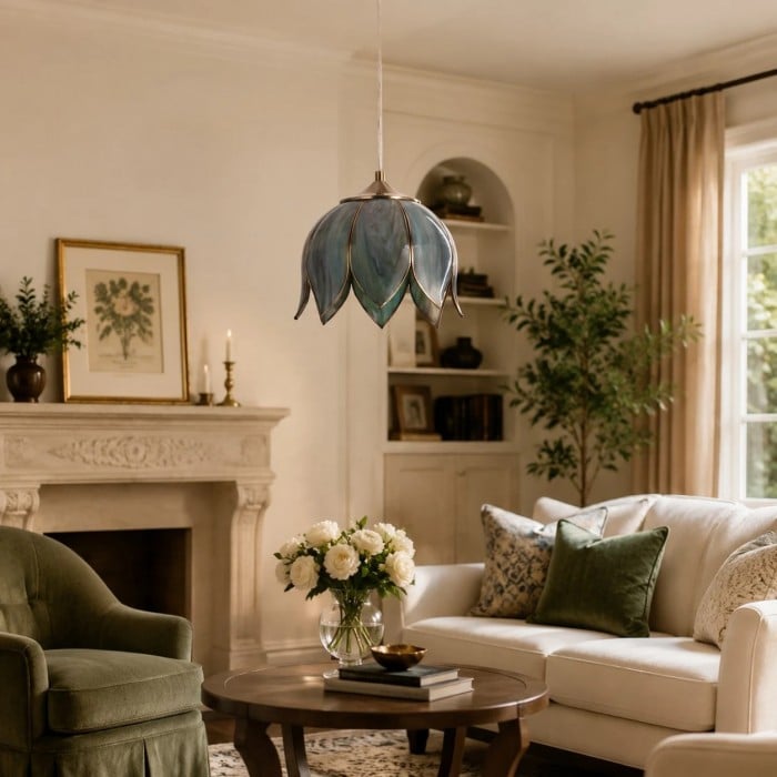 Vintage Lotus Glass Pendant Light with Brass-Tone Frame HL3813