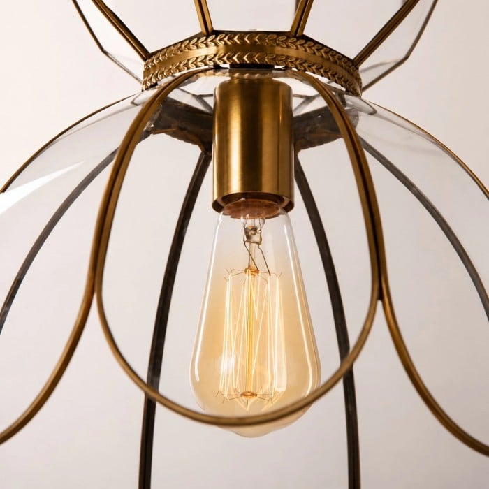 Vintage Lotus Glass Pendant Light with Brass-Tone Frame HL3813