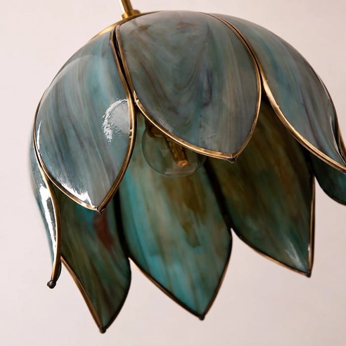 Vintage Lotus Glass Pendant Light with Brass-Tone Frame HL3813