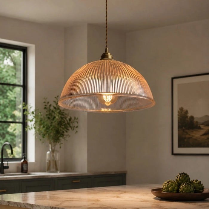 Vintage Ribbed Glass Pendant Light with Brass Accent HL3810