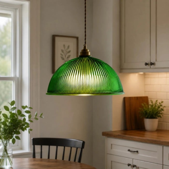 Vintage Ribbed Glass Pendant Light with Brass Accent HL3810