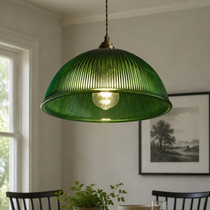 Vintage Ribbed Glass Pendant Light with Brass Accent HL3810