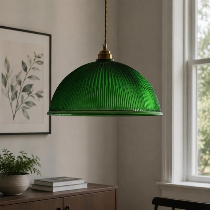 Vintage Ribbed Glass Pendant Light with Brass Accent HL3810