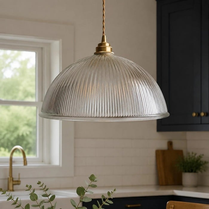 Vintage Ribbed Glass Pendant Light with Brass Accent HL3810