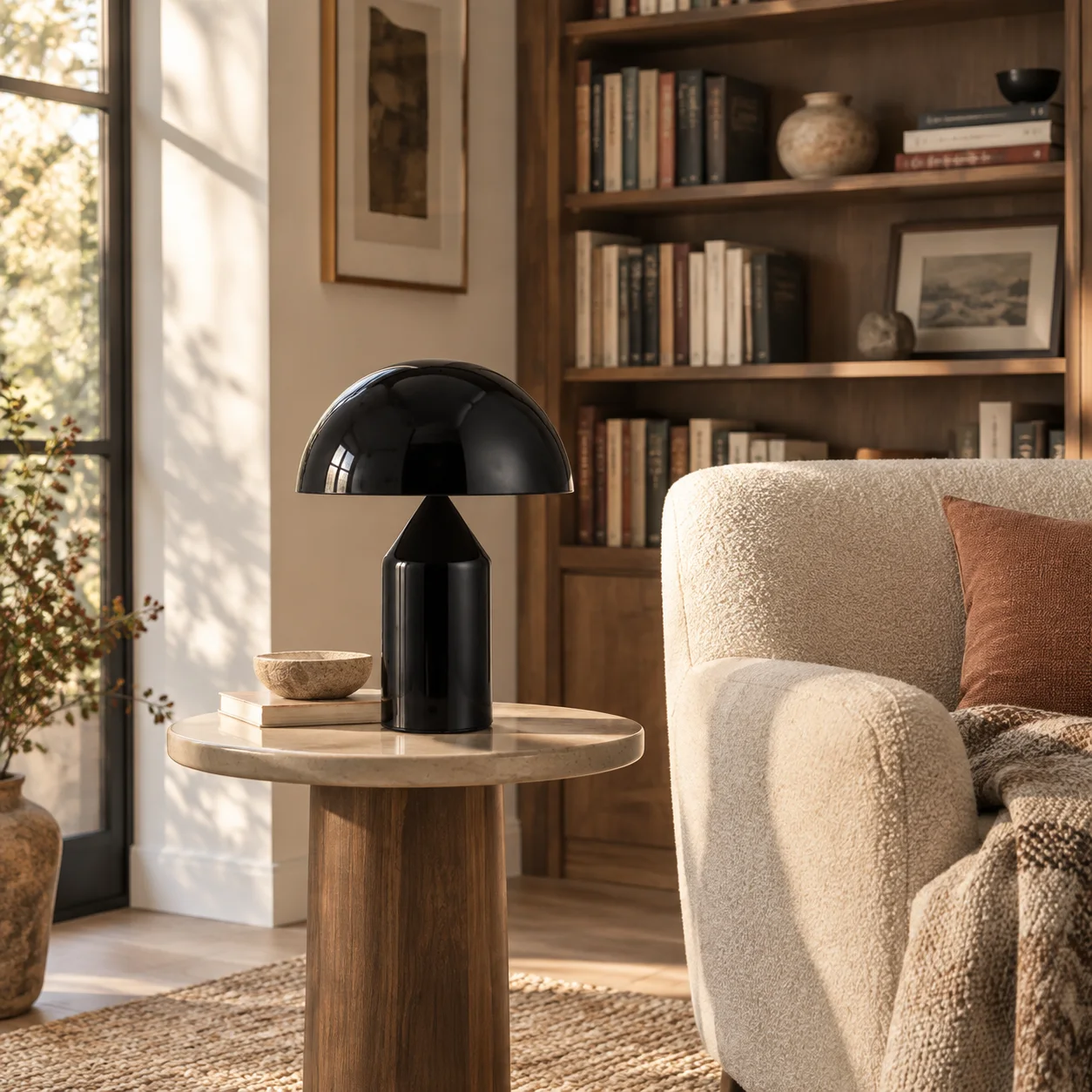 Black HaloVell lamp on a small table next to an armchair and books