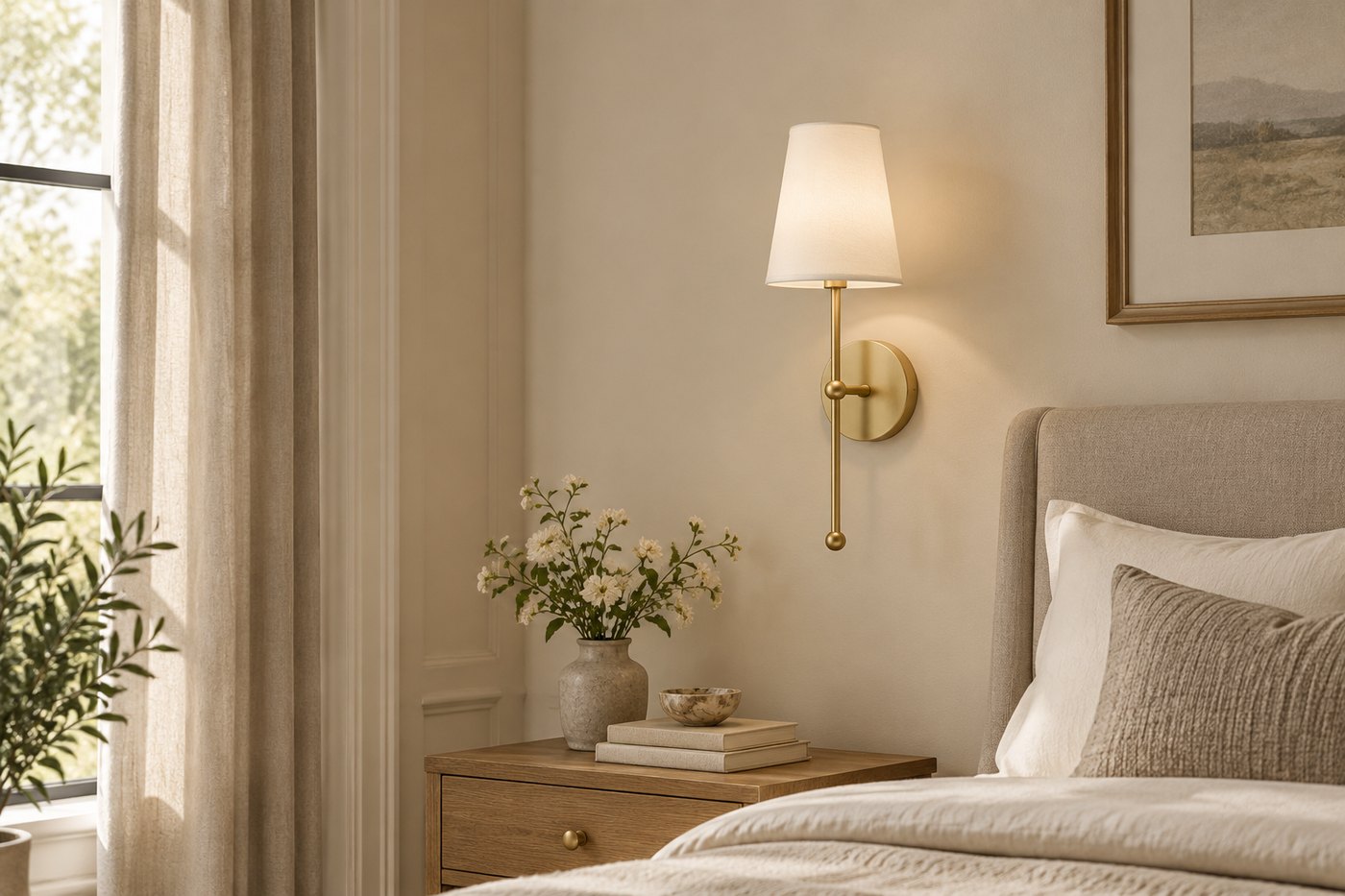HL982 gold wall lamp with white fabric shade in a warm bedroom interior