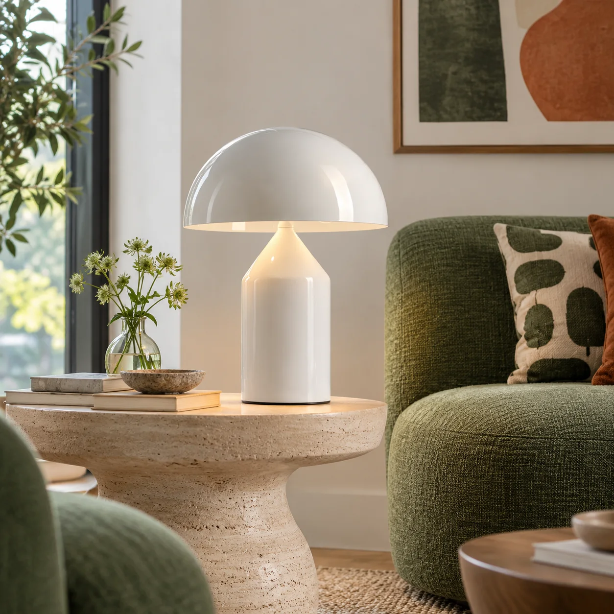 Glossy white HaloVell lamp by a green sofa in a lounge