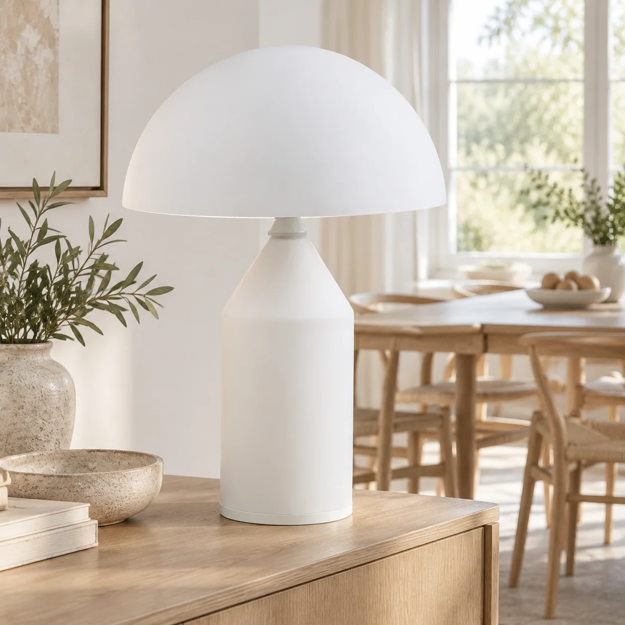 Matte white HaloVell lamp on a dining room sideboard