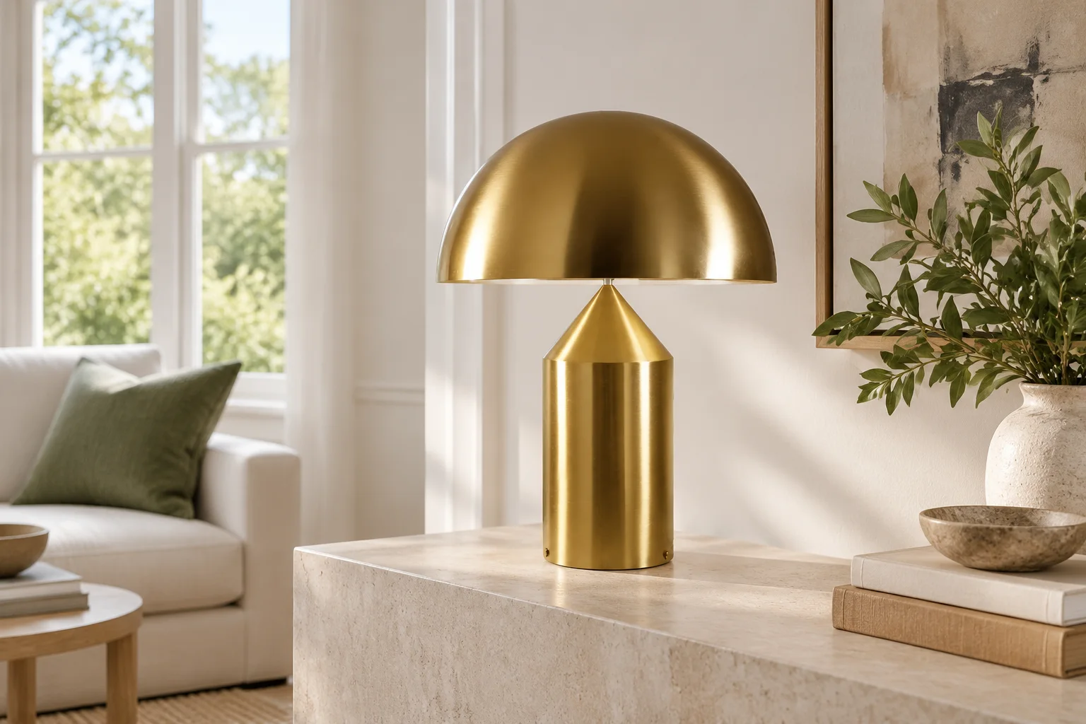 Complete gold HaloVell table lamp on a stone console in a living room