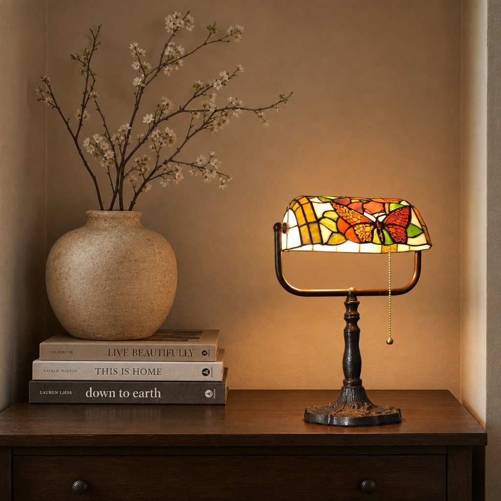TF Tivanny Bureaulamp met bloemenmotief en glas-in-lood - Vintage tafellamp voor slaapkamer, studeerkamer of woonkamer HL3553