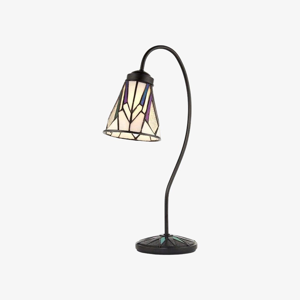 TF Astoria Tiffany tafellamp - Gebogen arm met zwanenhals en art deco glazen kap voor op het bureau HL2222