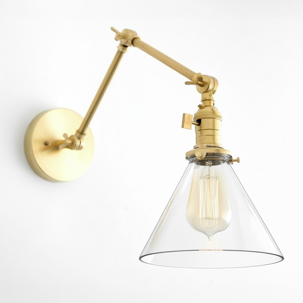 Conique metalen industriële wandlamp met verstelbare arm - vintage glazen kegelvormige kap HL1673