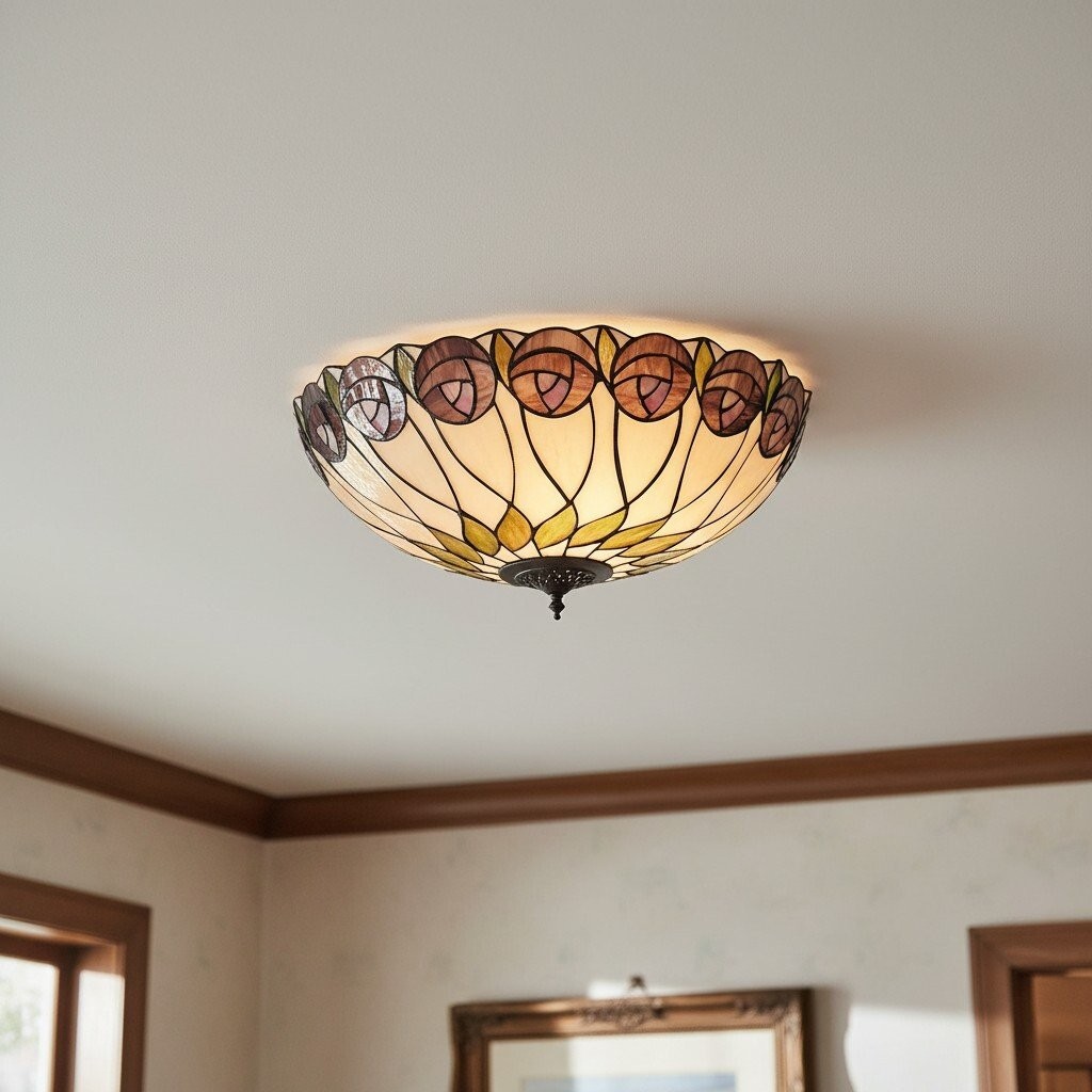 TF Hutchinson Tiffany Plafondlamp - Elegante vintage glazen lamp met bloemenmotief voor eetkamer of gang HL2251