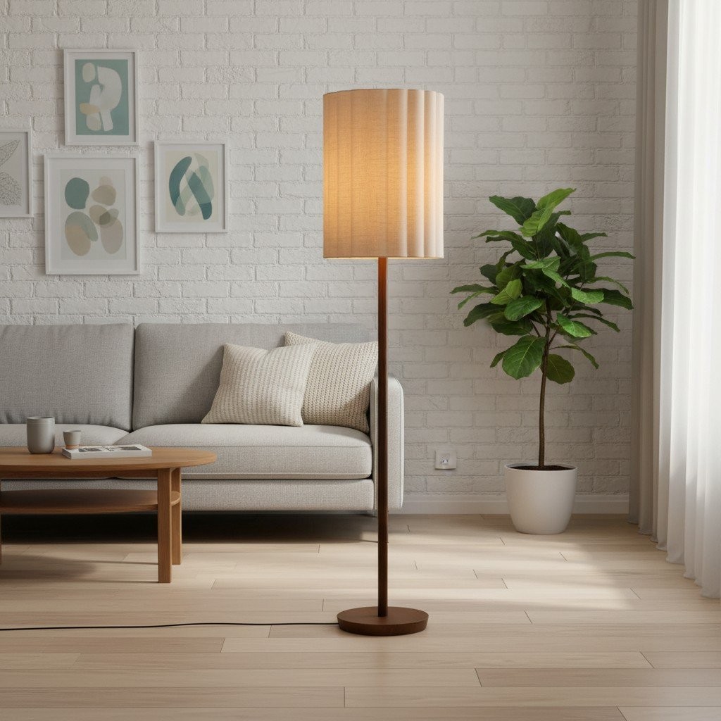 Linbron vloerlamp van walnoothout met geribbelde linnen kap - Moderne natuurlijke woondecoratie HL1915