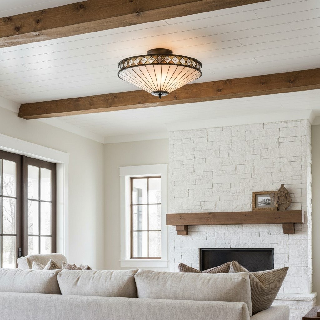 TF Fargo Semi-Flush Plafondlamp - Een klassieke art deco lamp met een decoratieve glazen kap voor gebruik in meerdere ruimtes
