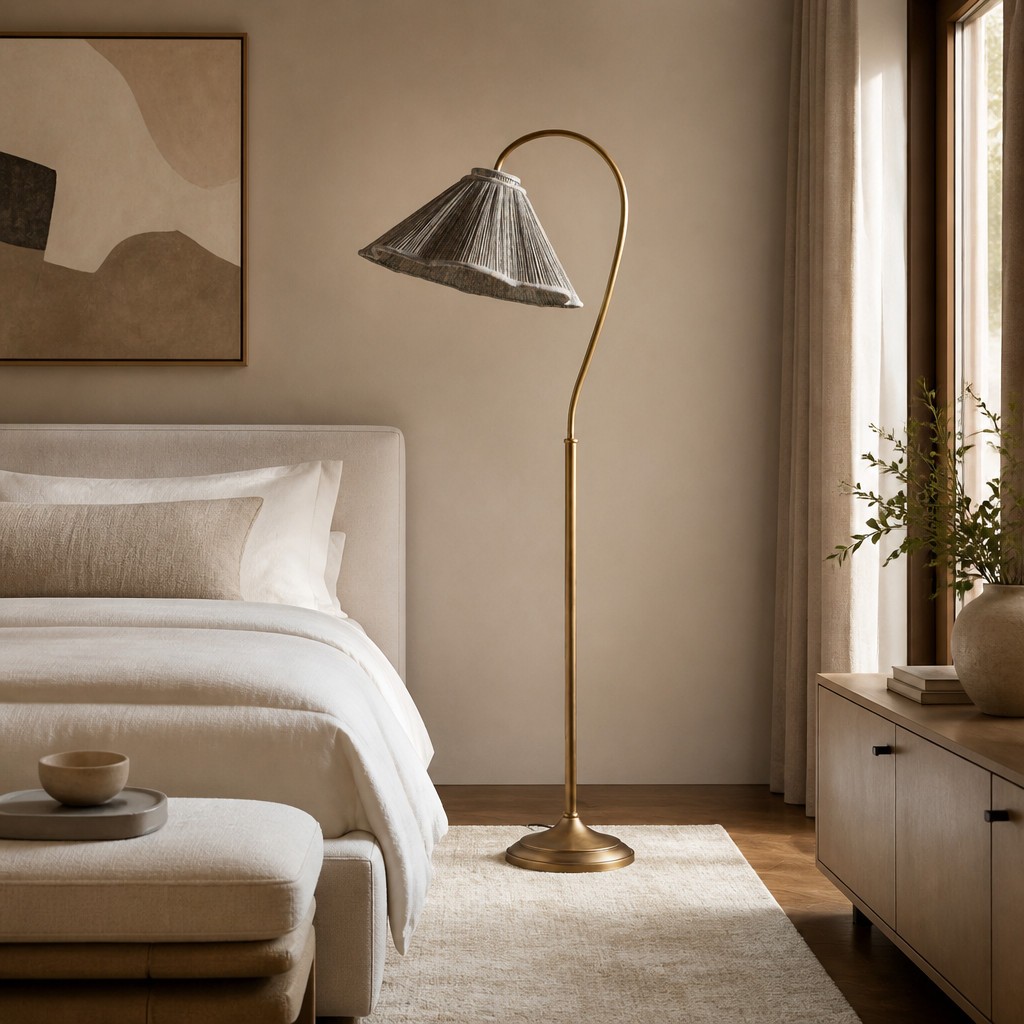 Veslin Elegante Vloerlamp met Bloemenmotief en Zwanenhals - Lamp met Bloemenmotief en Linnen Kap voor de Woonkamer HL3536