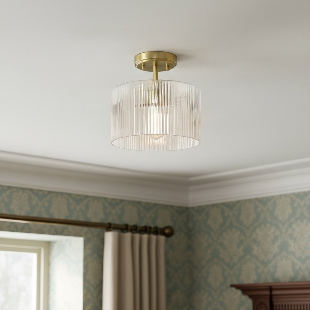 Rivora plafondlamp met ribbels en glazen kap - Moderne plafondlamp in landelijke stijl voor slaapkamer en hal HL2427