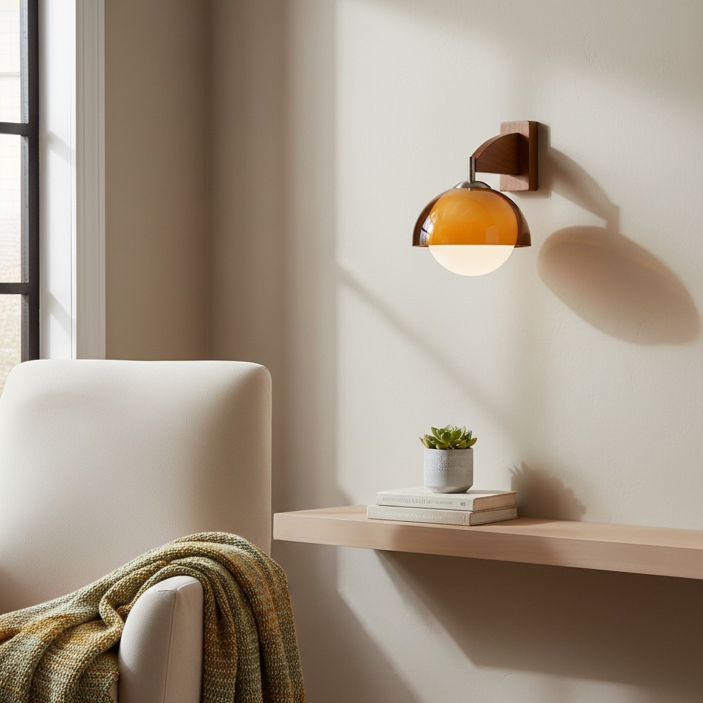 Afterglow Moderne Sunset Wandlamp - Ontwerp met dubbele glazen kap en voet met houtstructuur HL2363