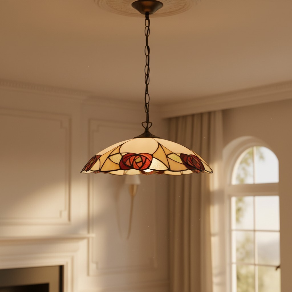 TF Ingram Tiffany hanglamp - Vintage handgemaakte lampenkap van gebrandschilderd glas met bloemenmotief voor de eetkamer HL2229