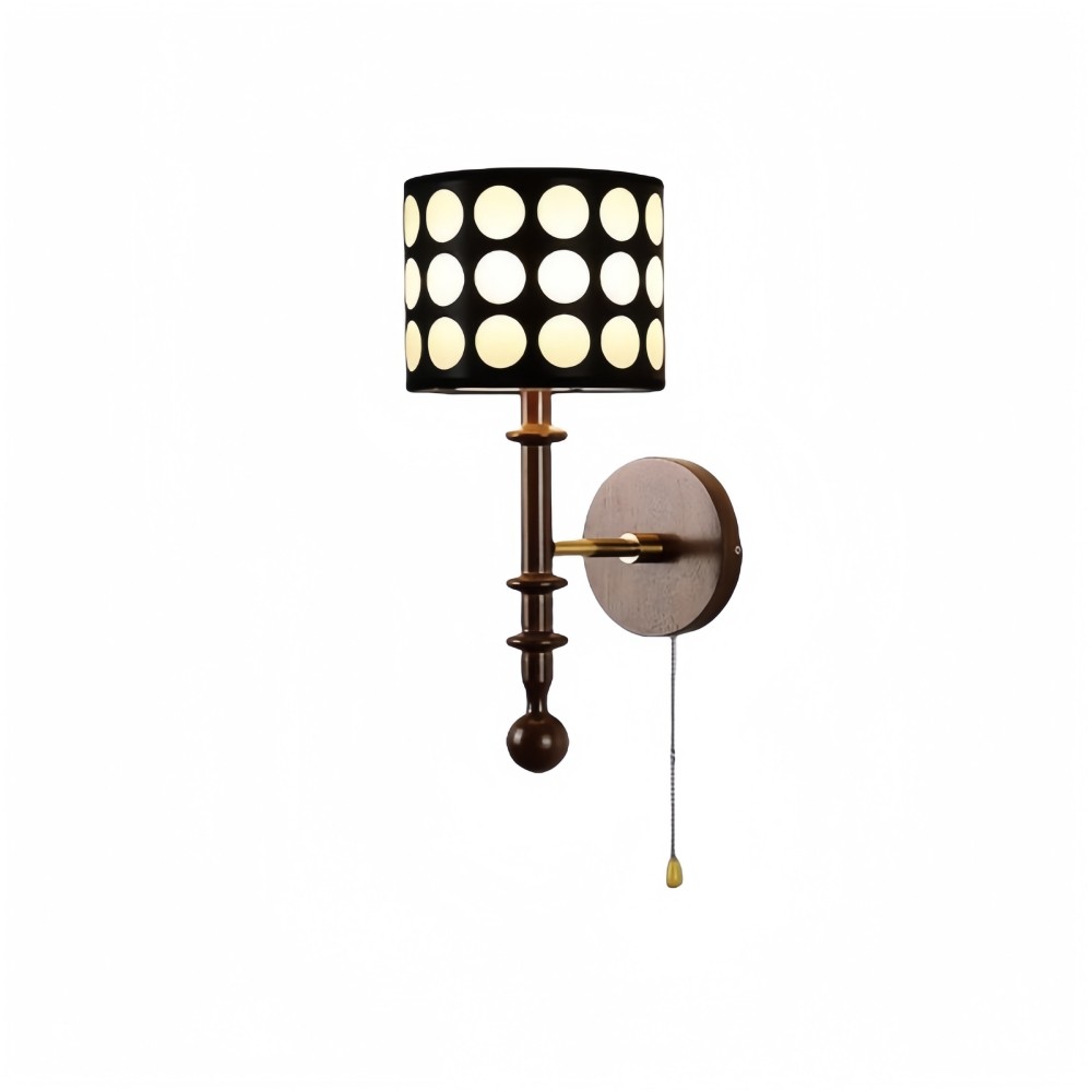 Franse witte stoffen cilindervormige wandlamp met stippen en essenhouten kap HL1118