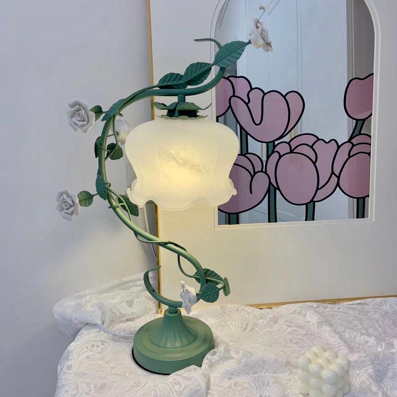 Groen Roze Wit Rozen Bloem Tafellamp HL767