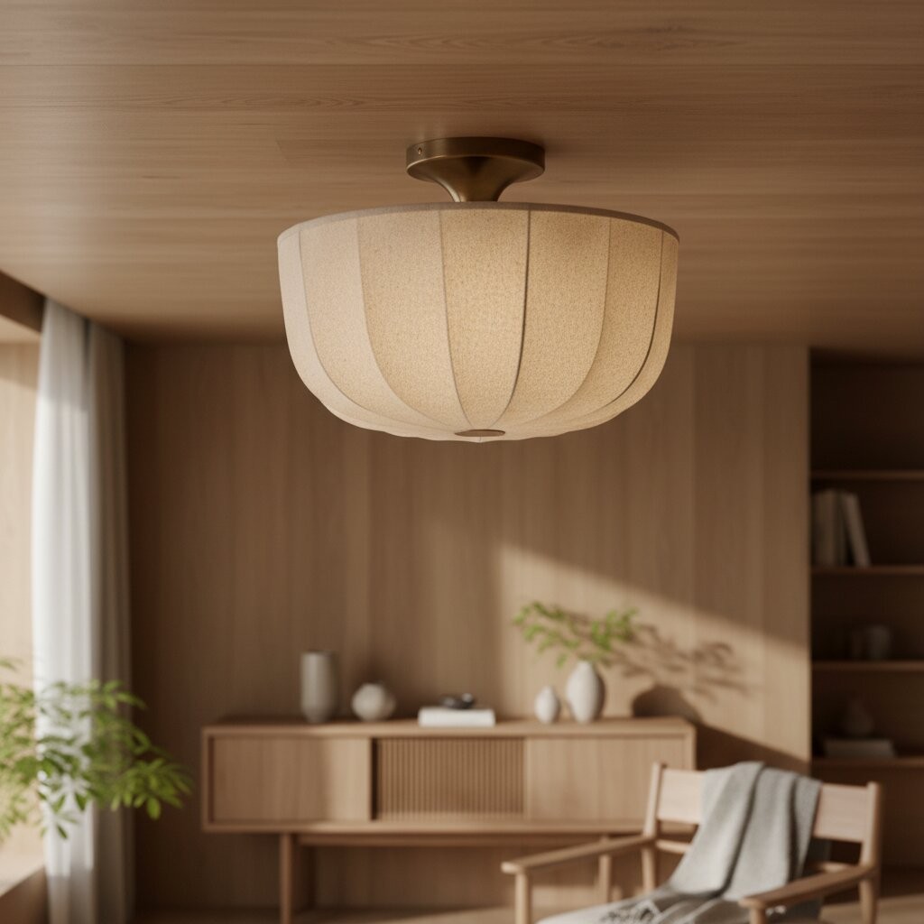 Loomis plafondlamp – Moderne plafondlamp voor woonkamers met een kap van getextureerd linnen en verouderd messing HL2285