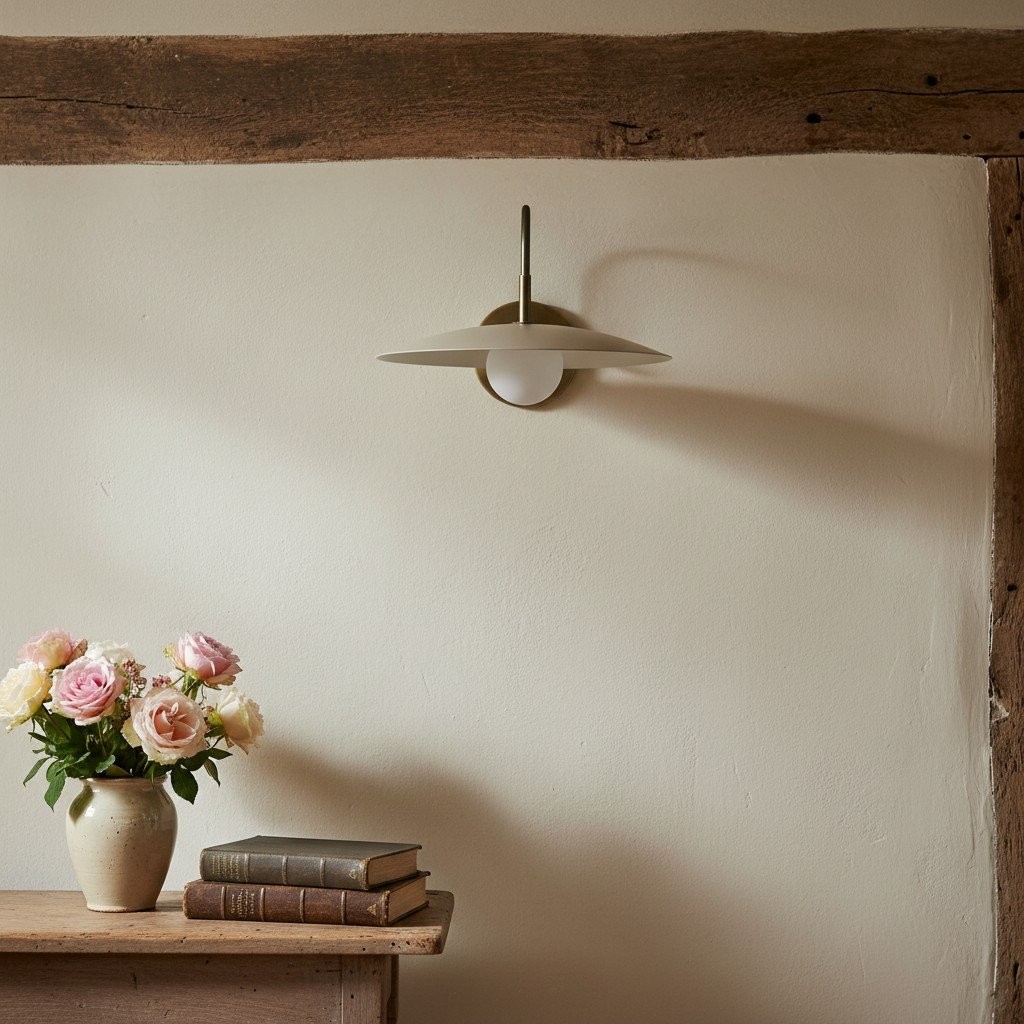 Curva Metalen Moderne Wandlamp - Antieke Messing Arm met Crèmekleurige Schijfvormige Kap HL1771