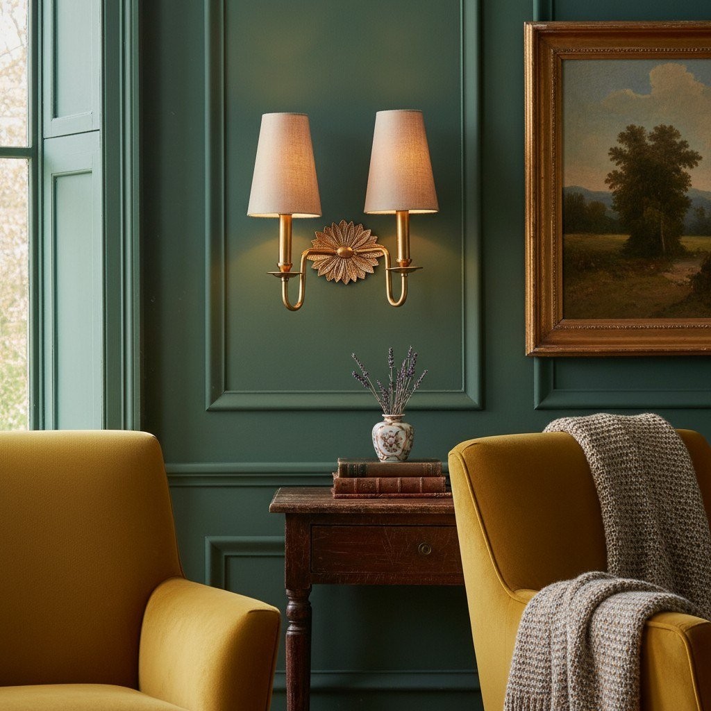 Duova dubbele wandlamp - Antiek messing metaal en linnen kappen voor slaapkamer of studeerkamer HL1896