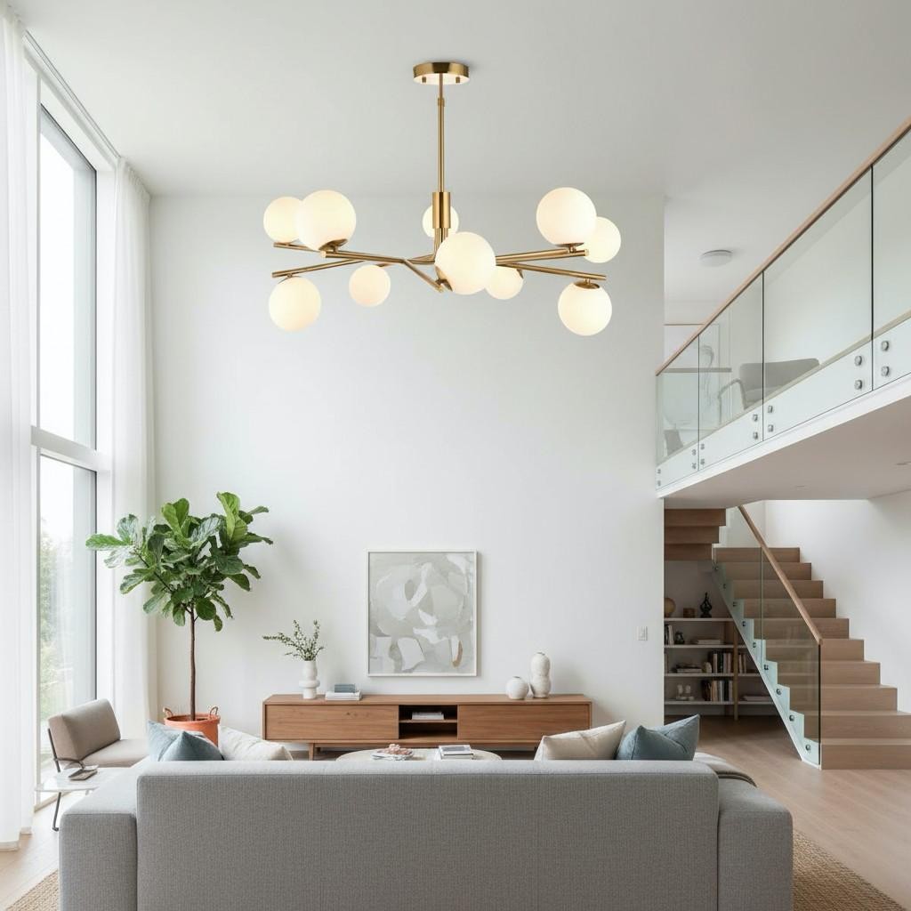 Tivara Mid-Century Modern 10-lichts hanglamp - Kroonluchter met bolvormige kappen voor hoge plafonds HL2058