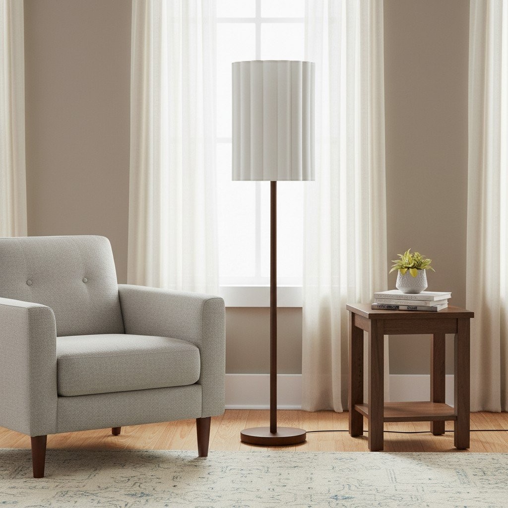 Linbron vloerlamp van walnoothout met geribbelde linnen kap - Moderne natuurlijke woondecoratie HL1915