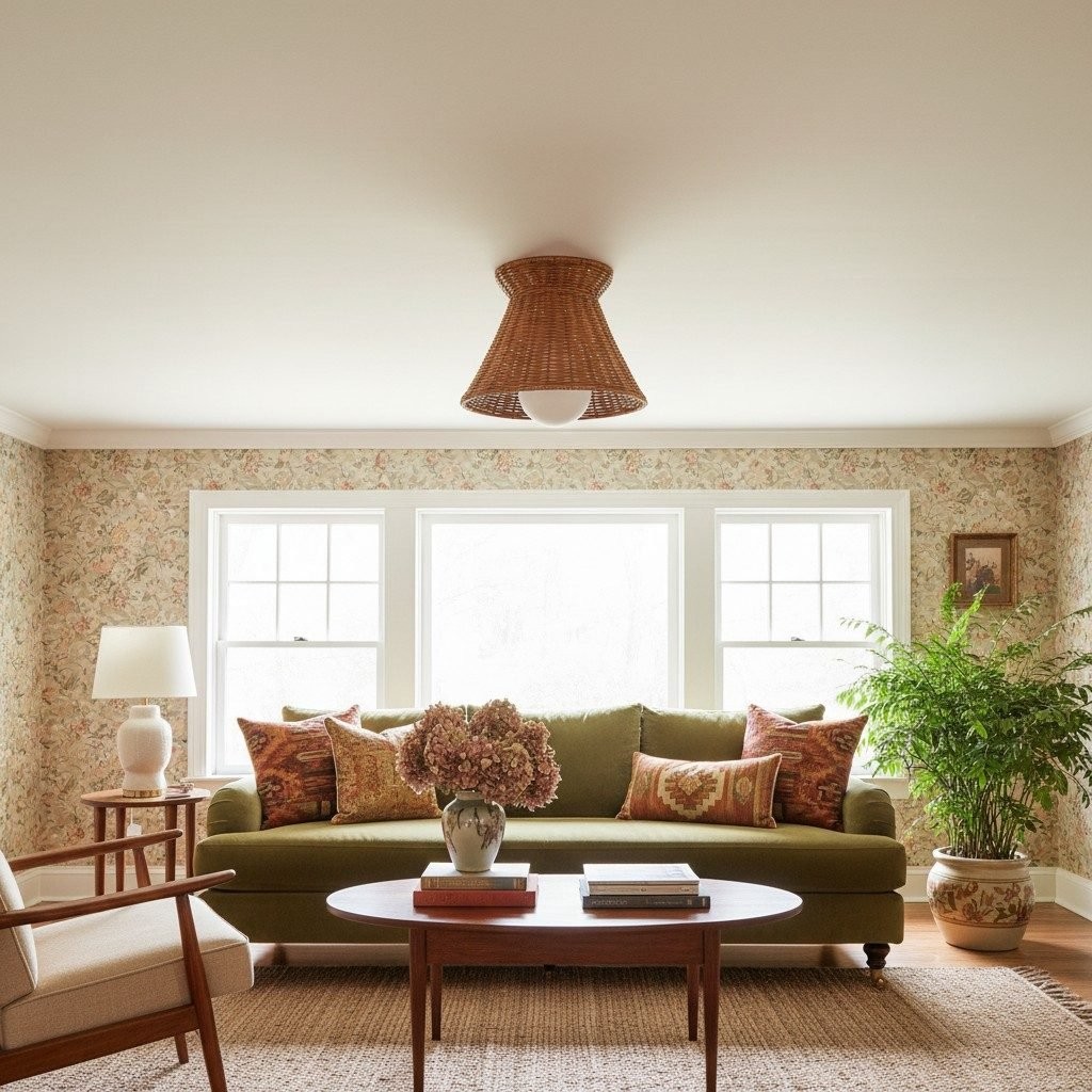 Wickara geweven organische silhouet plafondlamp - rotan boho-stijl voor de woonkamer HL1865