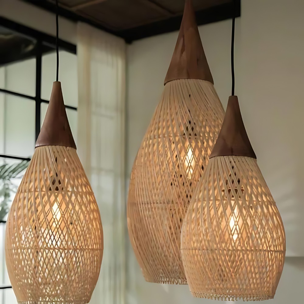 Handgemaakte hanglamp van rotan met wandtapijtmotief HL3392