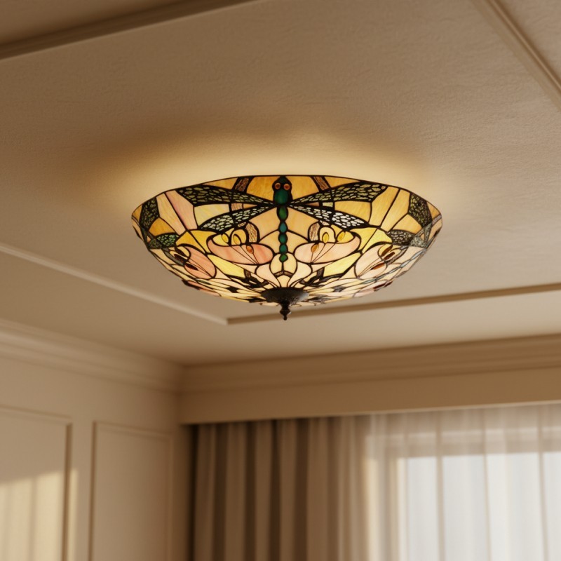TF Ashton Tiffany glazen plafondlamp met libellemotief - overgangsstijl voor slaapkamers en woonkamers HL2256