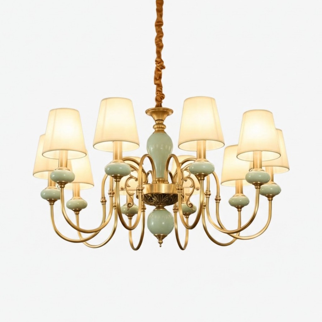 Altoris Serie Kroonluchter met Stoffen Lampenkappen - Messing Keramische Kroonluchter voor Woonkamer HL2479