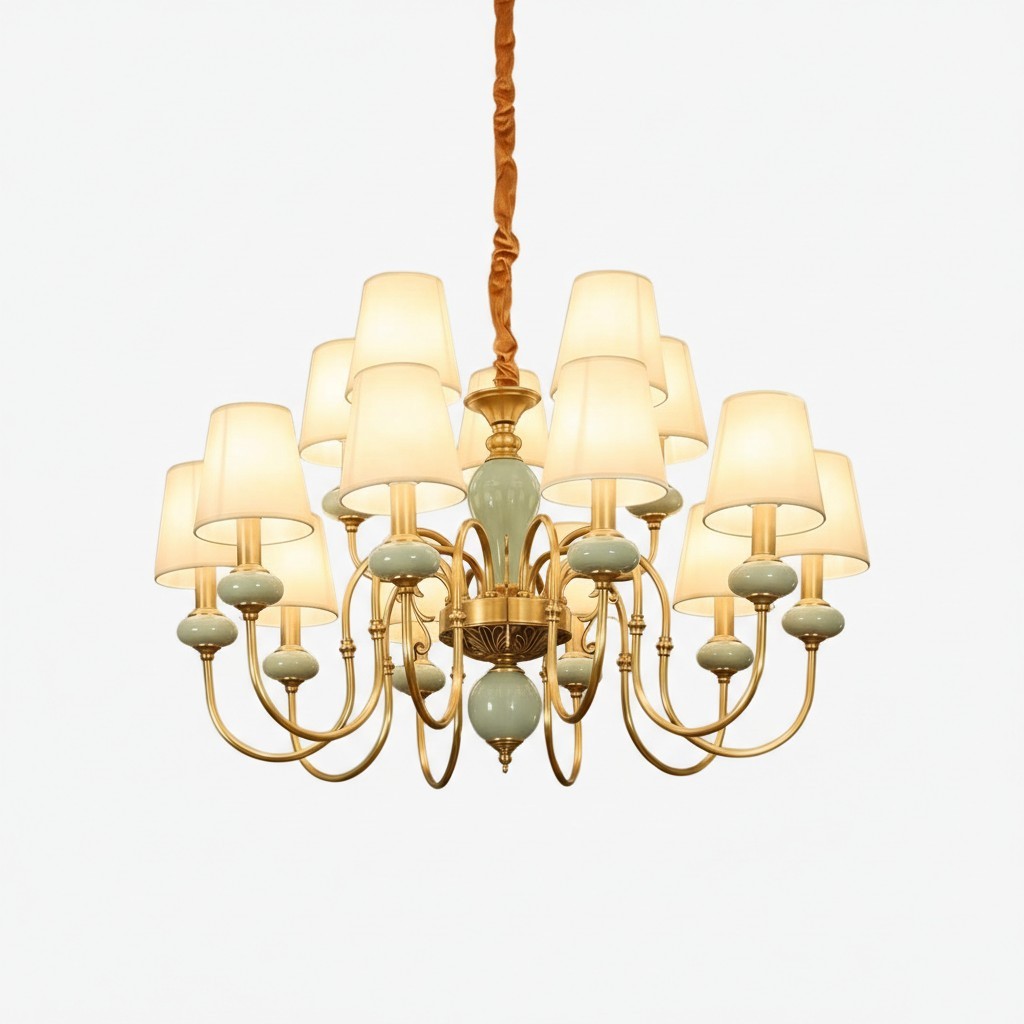 Altoris Serie Kroonluchter met Stoffen Lampenkappen - Messing Keramische Kroonluchter voor Woonkamer HL2479