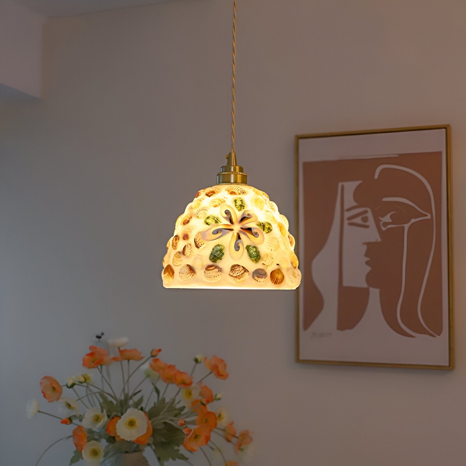 Retro kleurrijke natuurlijke schelp handgemaakte messing hanglamp HL1279