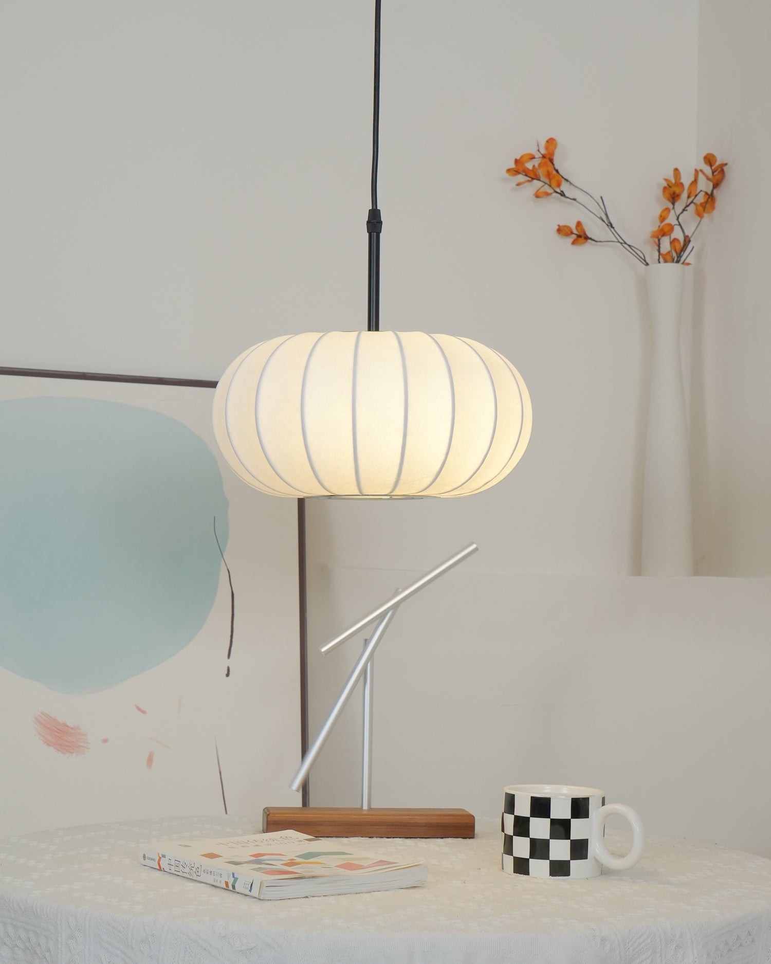 Eenvoudige Wabi-sabi witte lantaarn stoffen hanglamp HL852