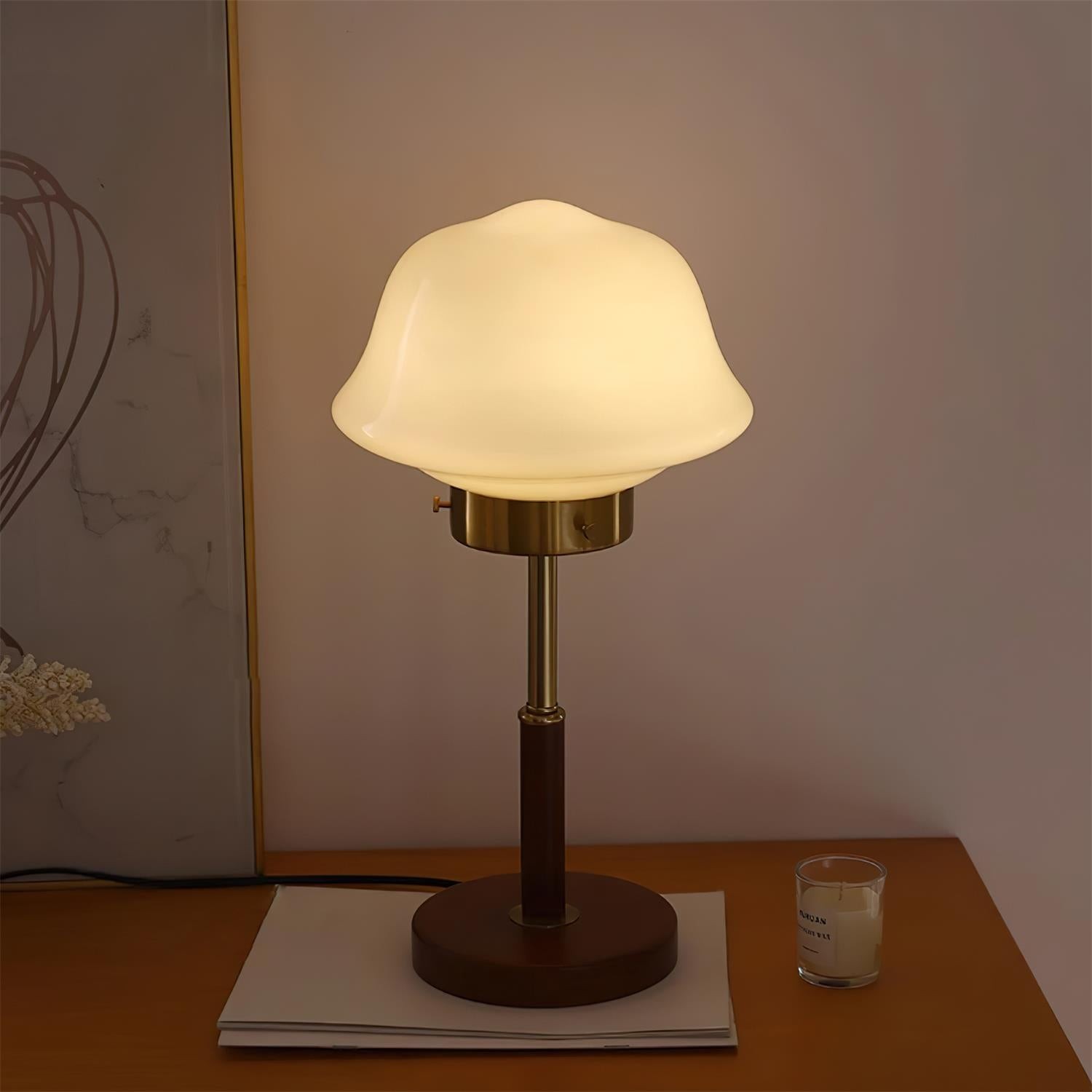 Mid Century Vintage Walnoot Glazen Tafellamp HL490