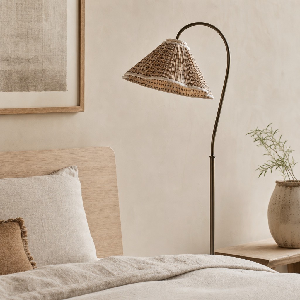 Veslin Elegante Vloerlamp met Bloemenmotief en Zwanenhals - Lamp met Bloemenmotief en Linnen Kap voor de Woonkamer HL3536