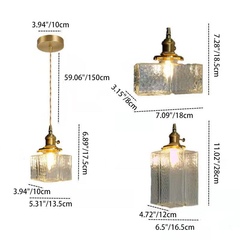 Traditionele vintage vierkante rechthoekige hanglamp met 1 lichtpunt van geribbeld glas en ijzer voor de woonkamer HL1415