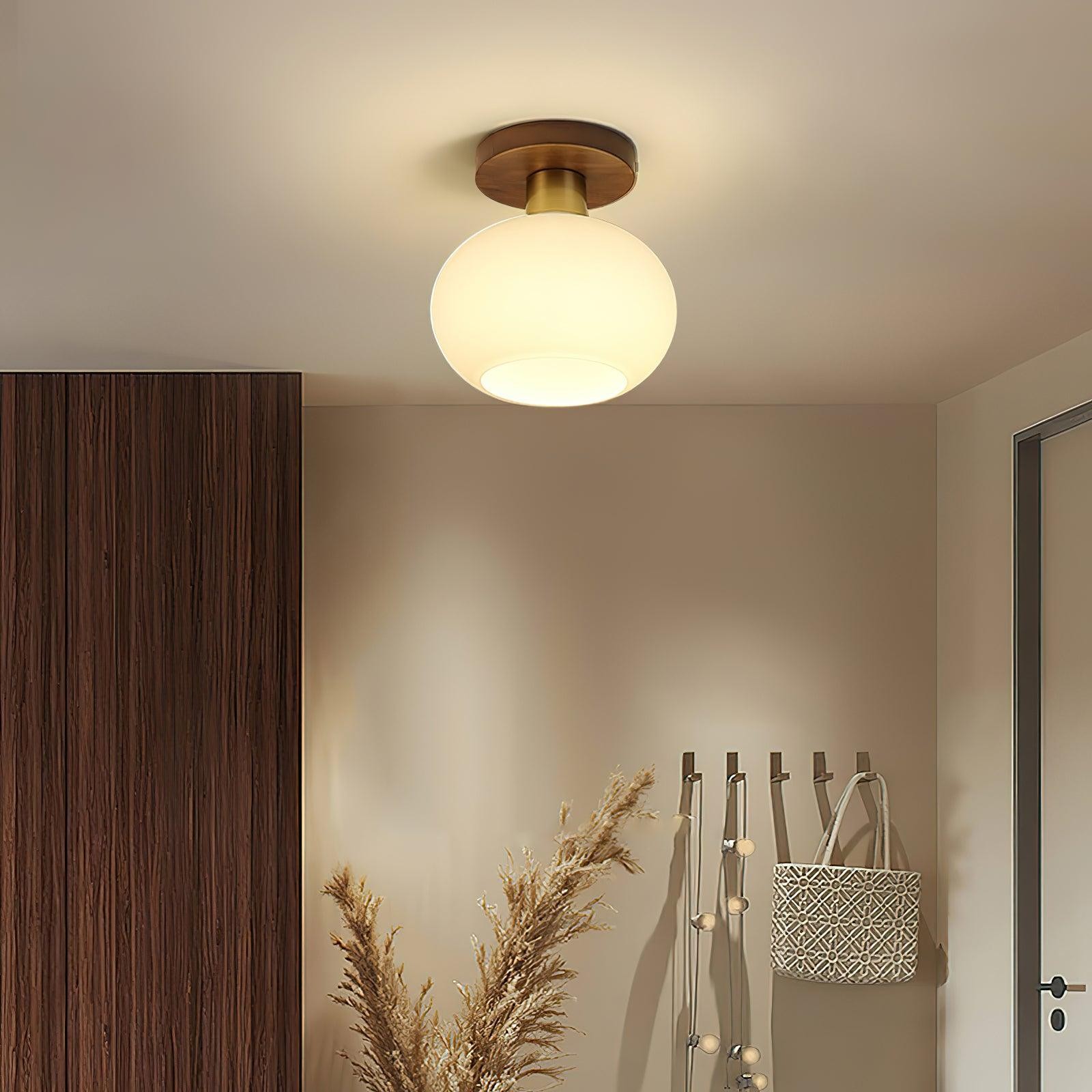 Vintage Wabi-Sabi Walnoot Koperen Glazen Plafondlamp Voor Woonkamer HL918