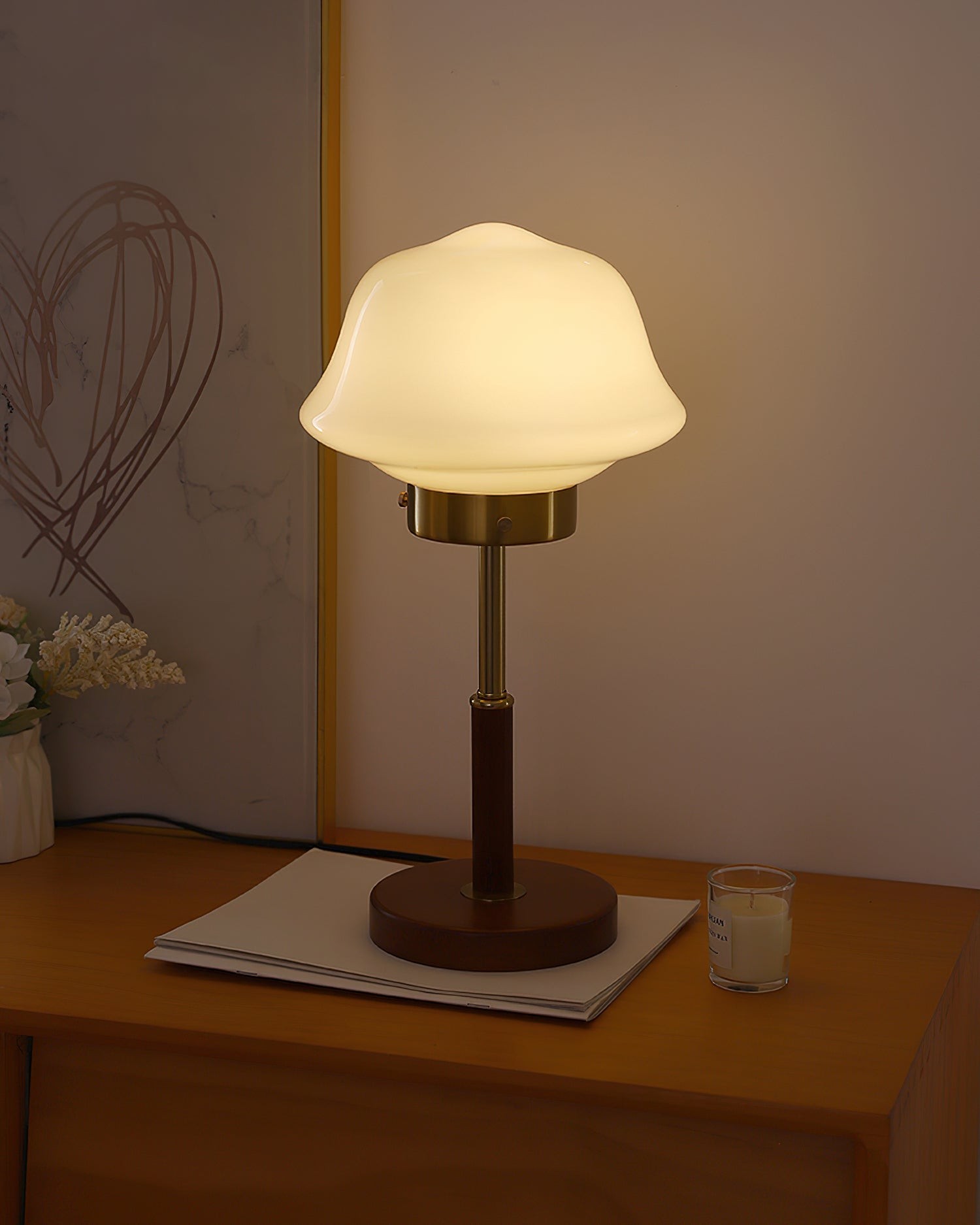 Mid Century Vintage Walnoot Glazen Tafellamp HL490