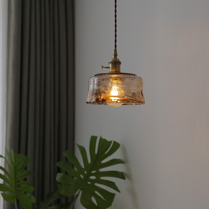 Retro handgemaakte onregelmatige amberkleurige glazen hanglamp HL64