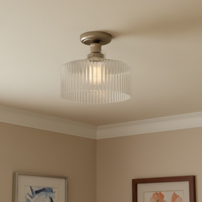 Ribora Vintage - Plafondlamp van geribbeld glas, geïnspireerd op vintage - Industriële stijl, vlak tegen het plafond