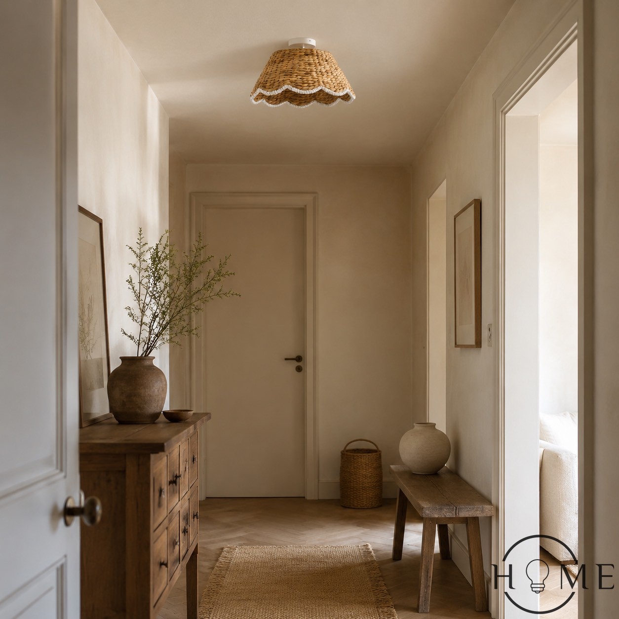 Ruvest Farmhouse plafondlamp met vlakke montage - Gegolfd rotan voor warme interieurs HL2274