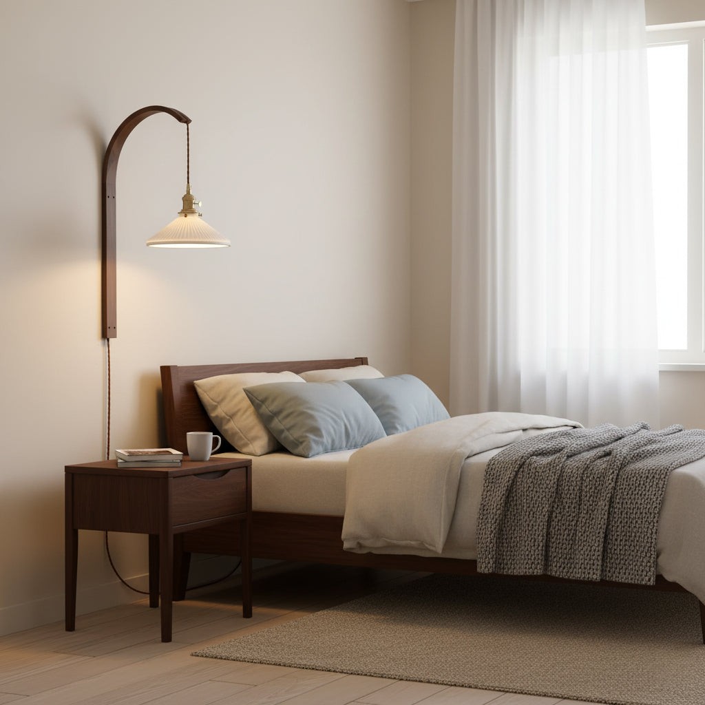 Gebogen walnootkleurige keramische wandlamp met stekker HL3051