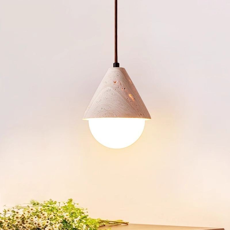 Hanglamp HL3449 van geel travertijn met crèmekleurige afwerking