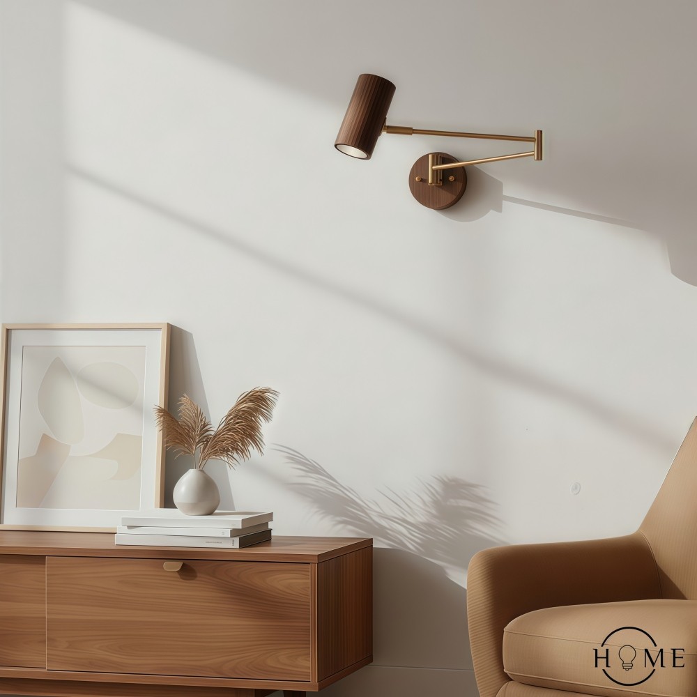 Verstelbare wandlamp met cilindervormige zwenkarm van hout en ijzer HL1085