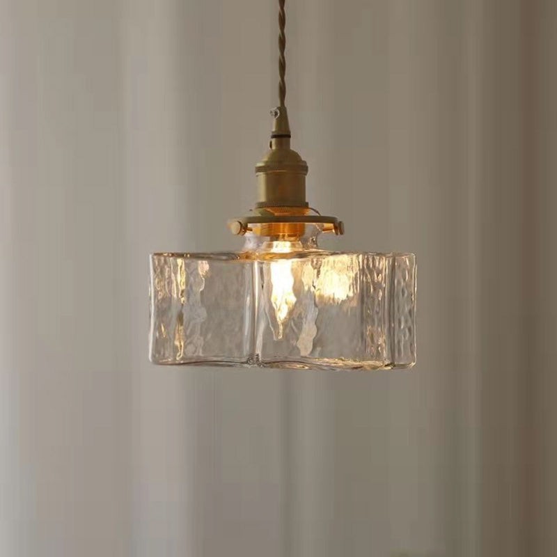 Traditionele vintage vierkante rechthoekige hanglamp met 1 lichtpunt van geribbeld glas en ijzer voor de woonkamer HL1415