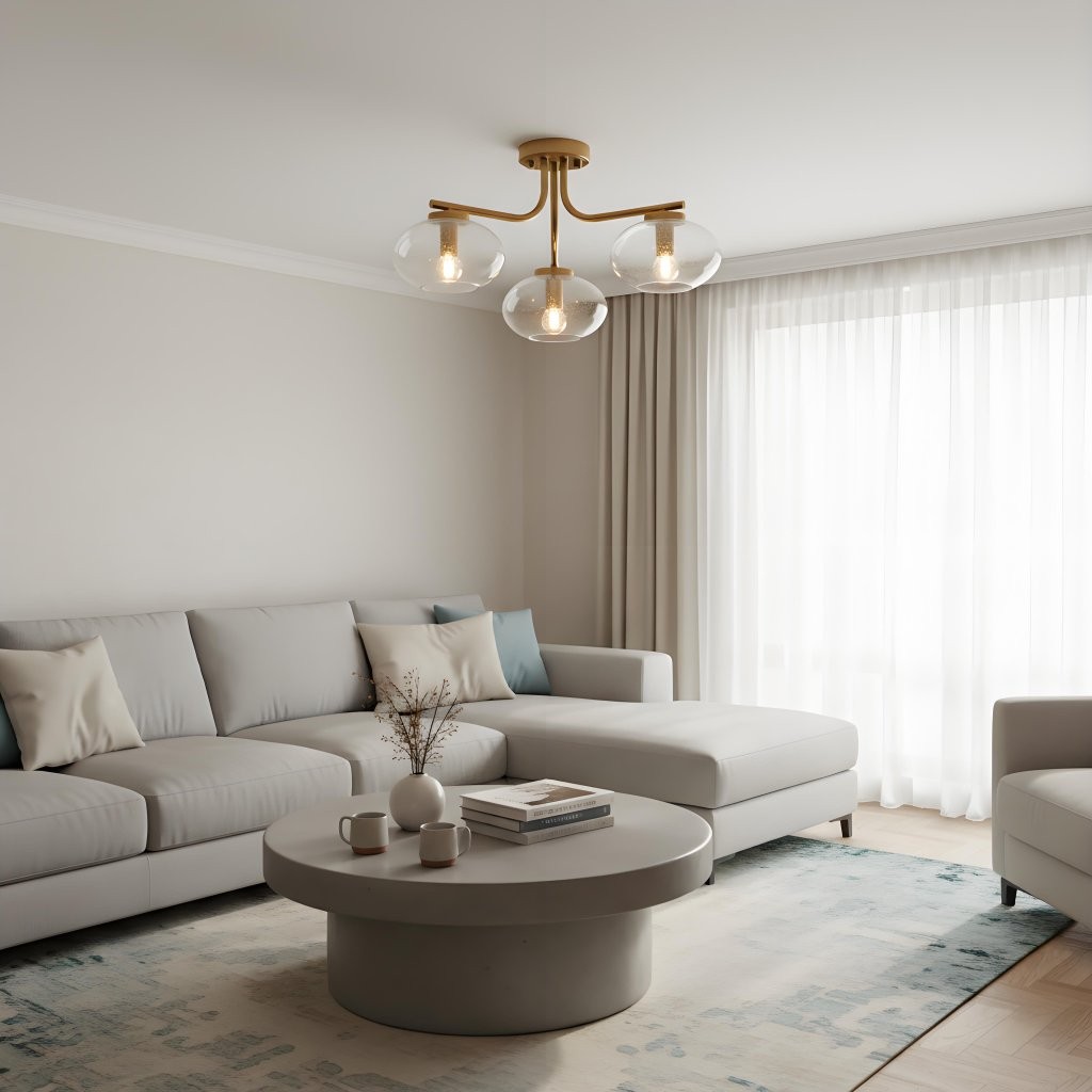 Bublaris plafondlamp met bubbelglas en gebogen messing armen voor woonkamer of hal HL2154